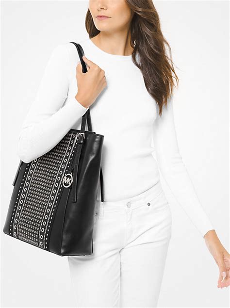 michael michael kors grommeted fit & flare dress|Megan Large Grommeted Leather Tote Bag .